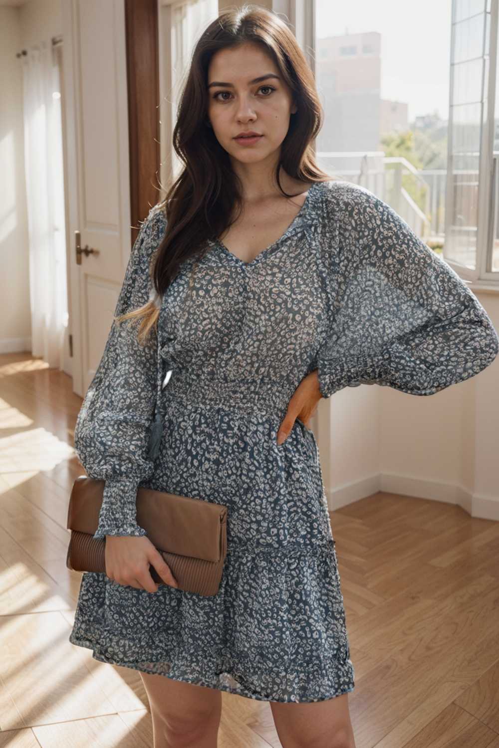 loose leopard print v neck dress drop shoulder a line closed cape paneled 109366