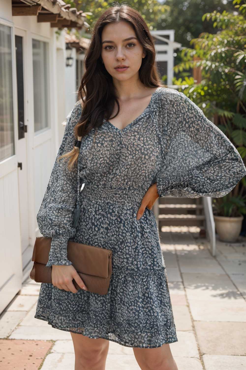 loose leopard print v neck dress drop shoulder a line closed cape paneled 116505