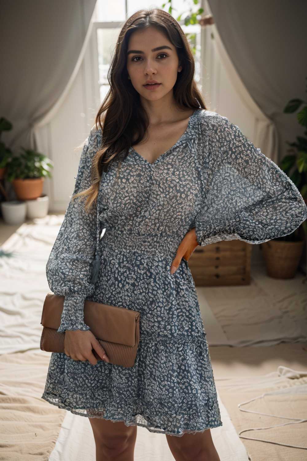loose leopard print v neck dress drop shoulder a line closed cape paneled 125692