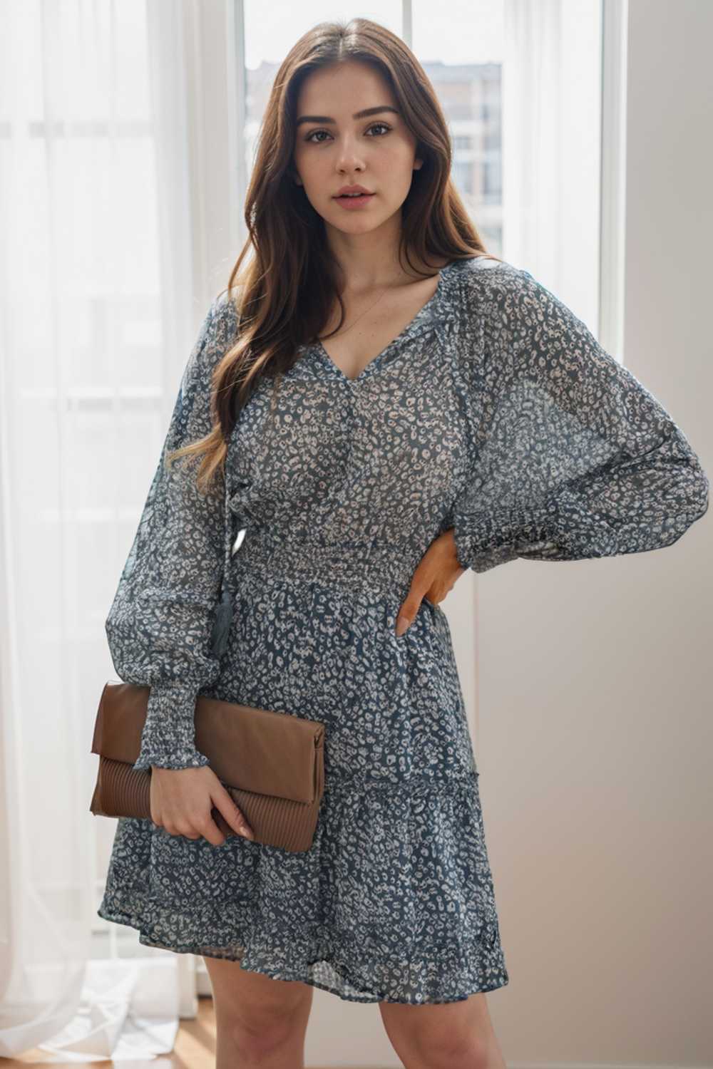 loose leopard print v neck dress drop shoulder a line closed cape paneled 138025