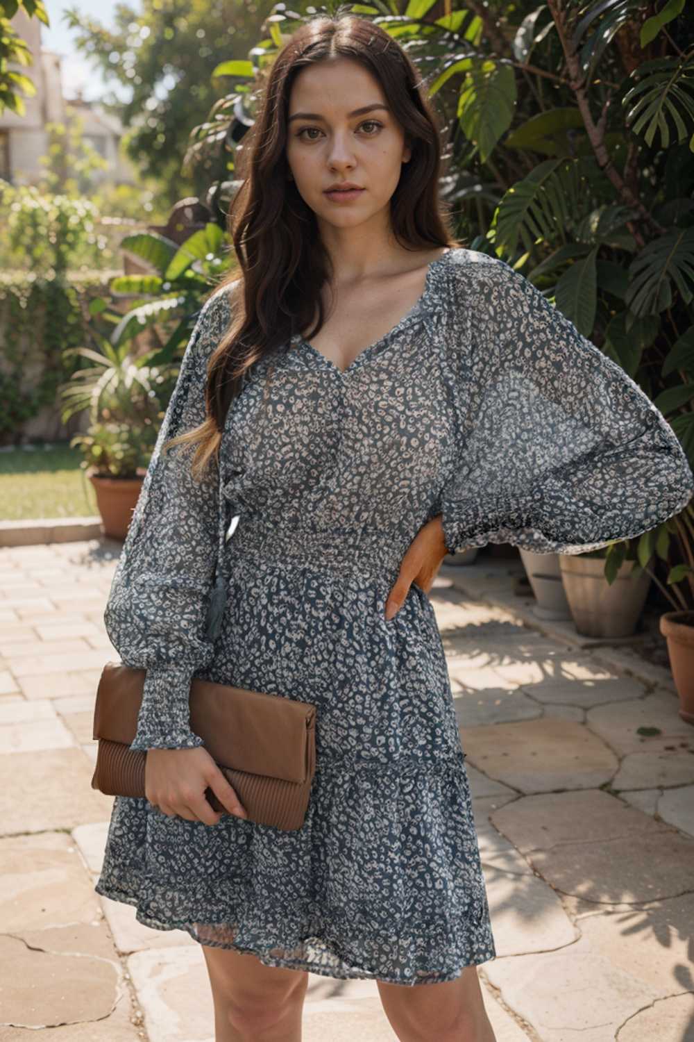 loose leopard print v neck dress drop shoulder a line closed cape paneled 116504