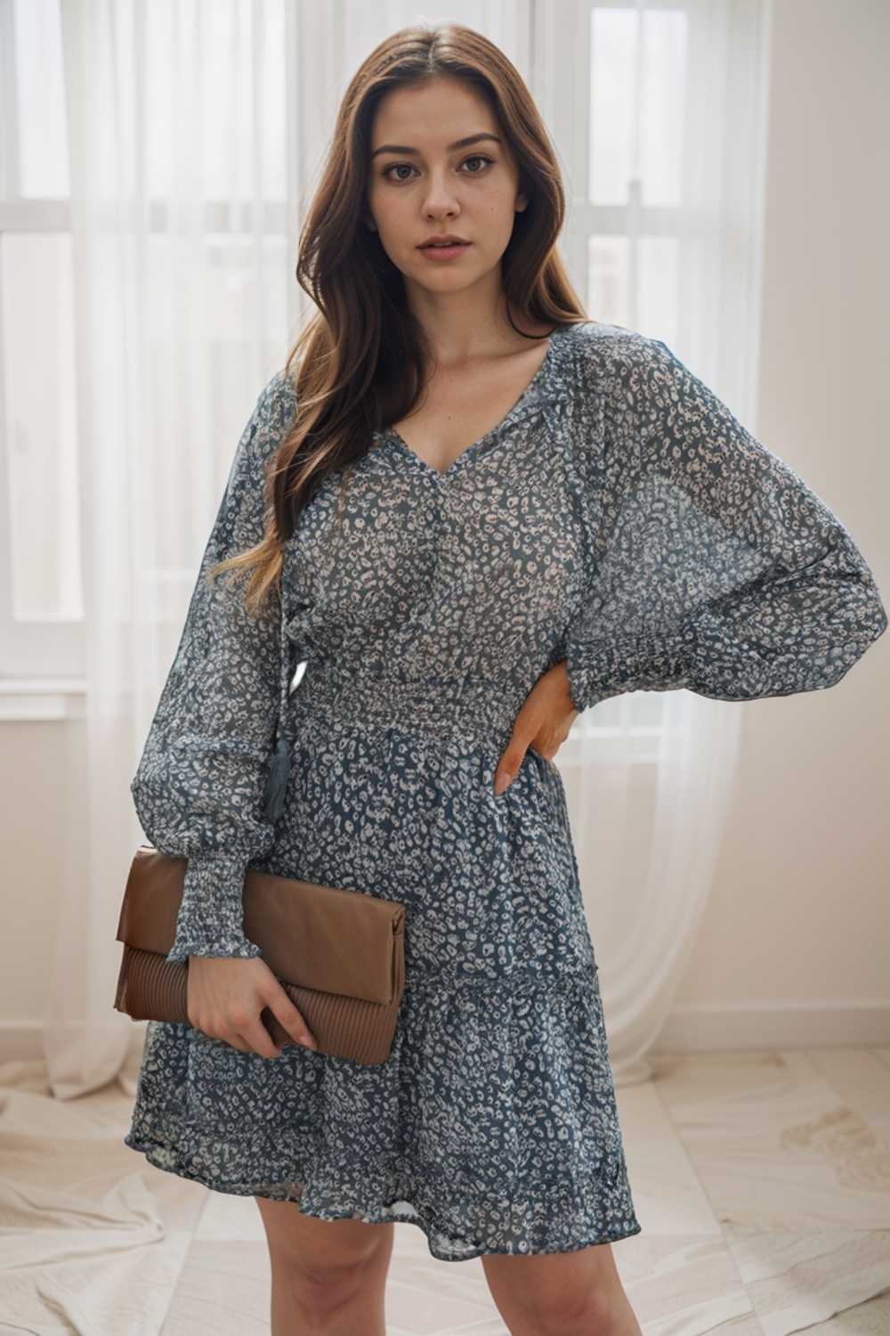 loose leopard print v neck dress drop shoulder a line closed cape paneled 130279