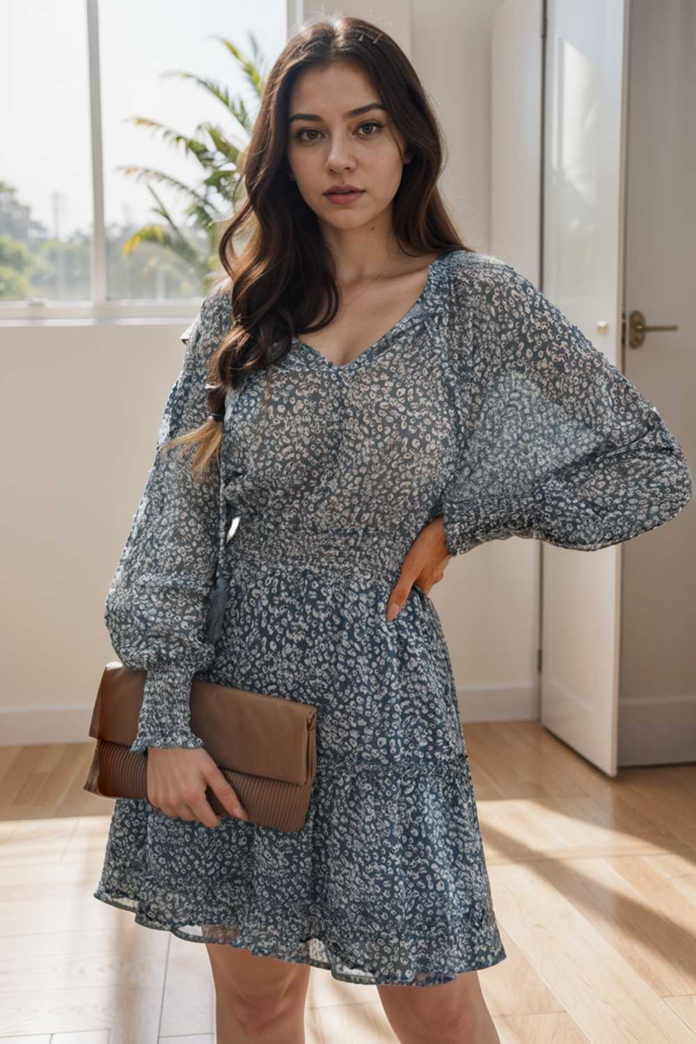 loose leopard print v neck dress drop shoulder a line closed cape paneled 116503