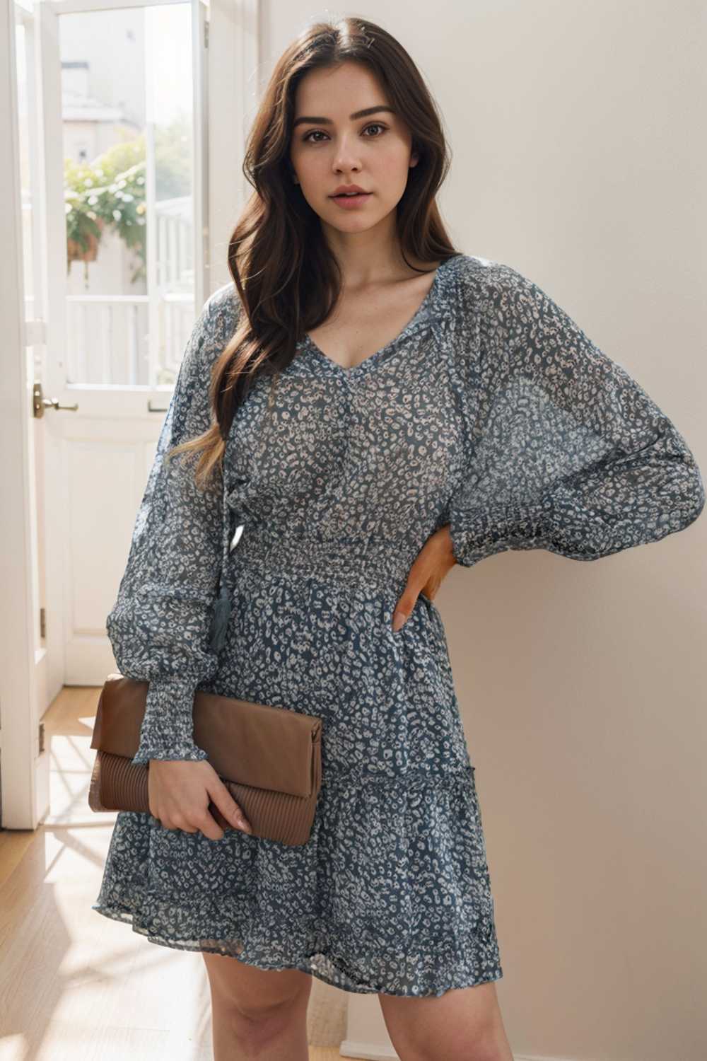 loose leopard print v neck dress drop shoulder a line closed cape paneled 125691