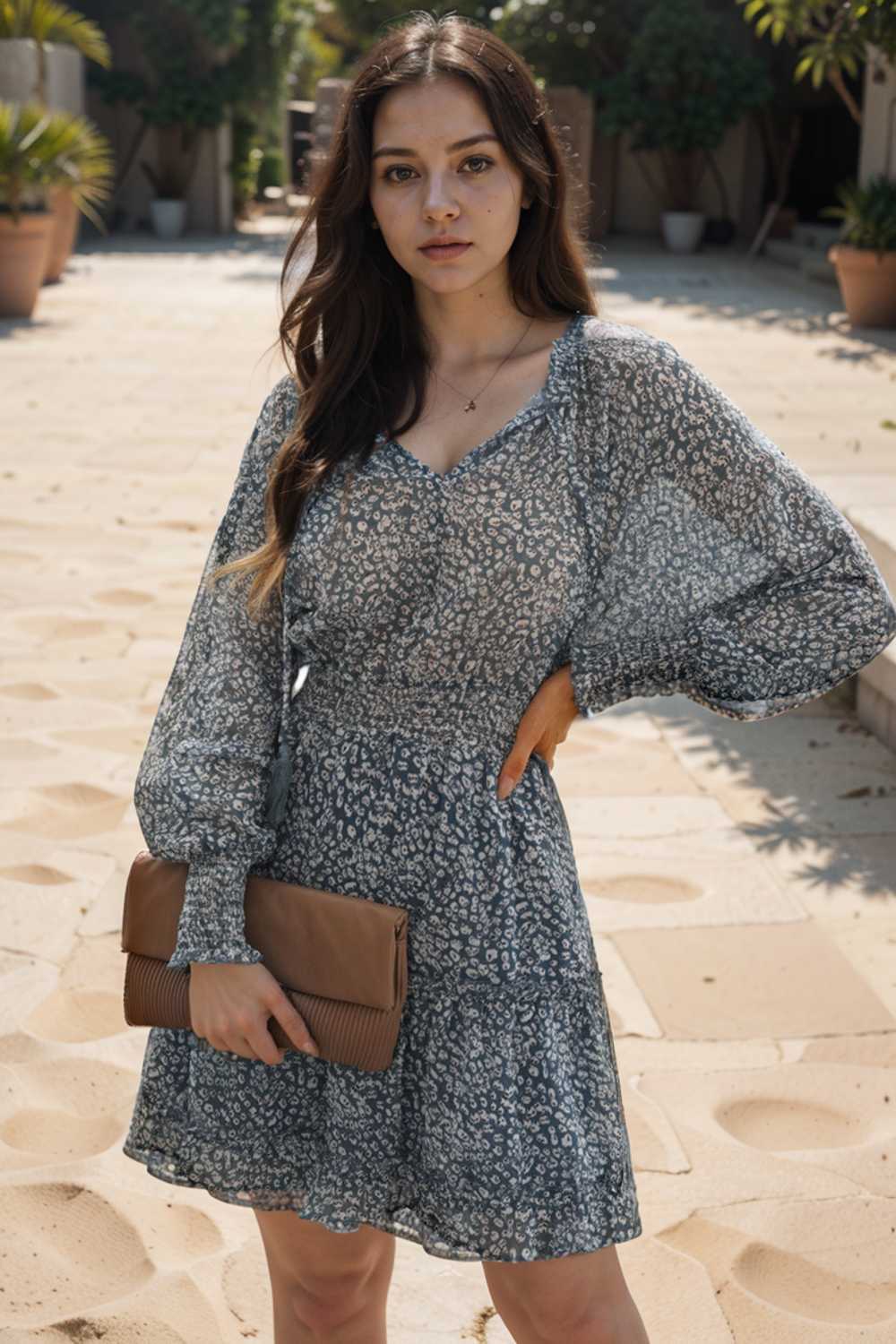 loose leopard print v neck dress drop shoulder a line closed cape paneled 130278