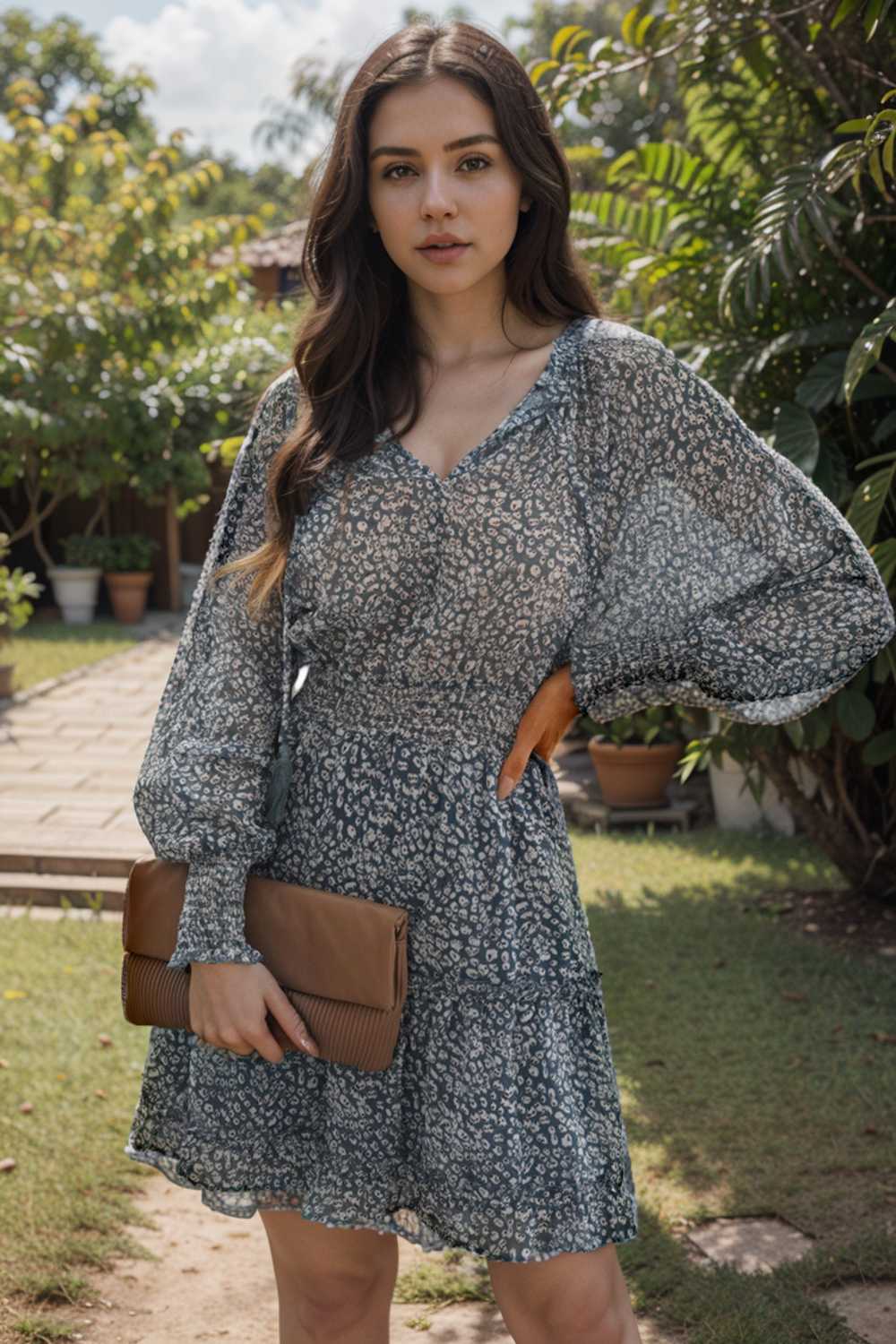 loose leopard print v neck dress drop shoulder a line closed cape paneled 138024