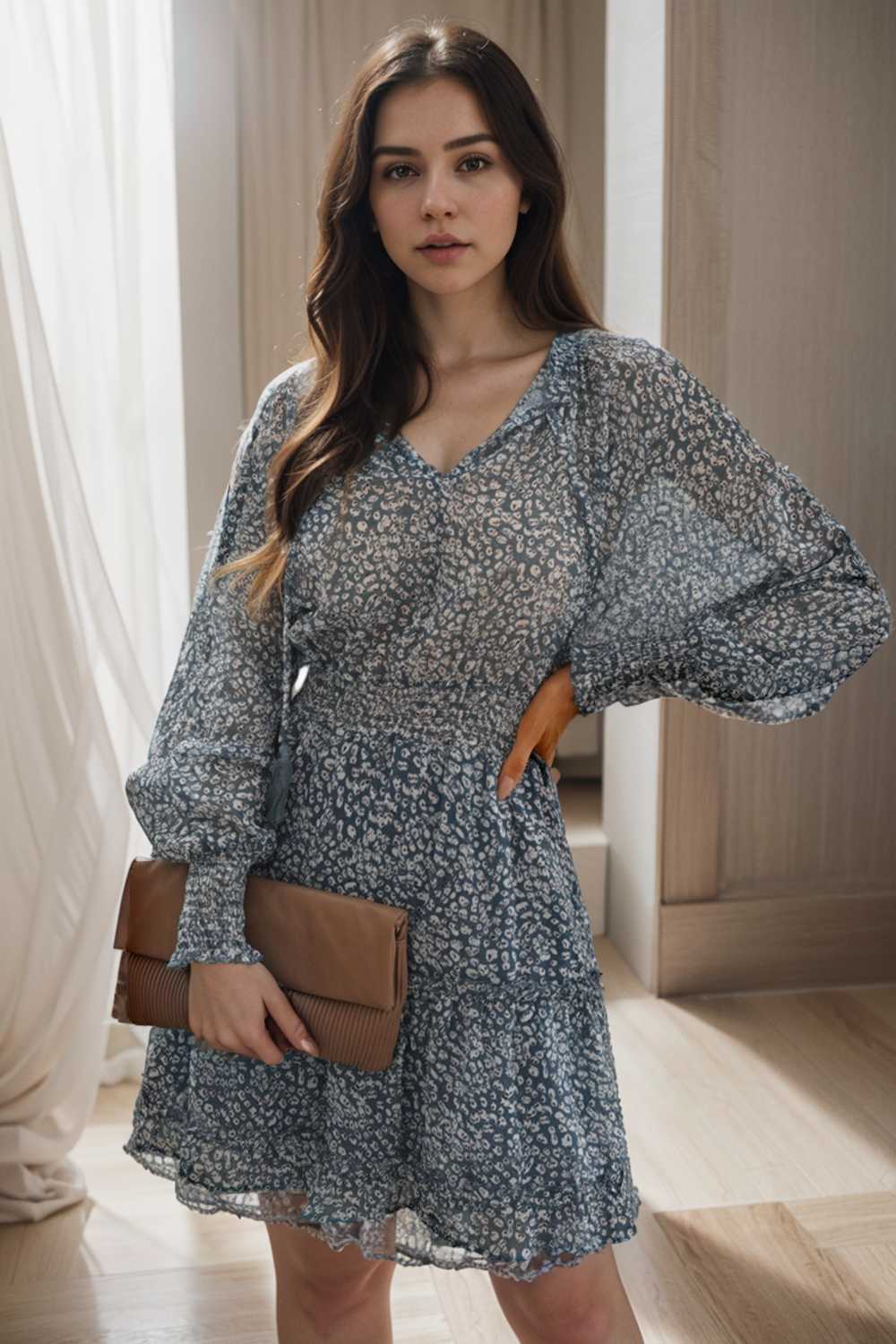 loose leopard print v neck dress drop shoulder a line closed cape paneled 138023