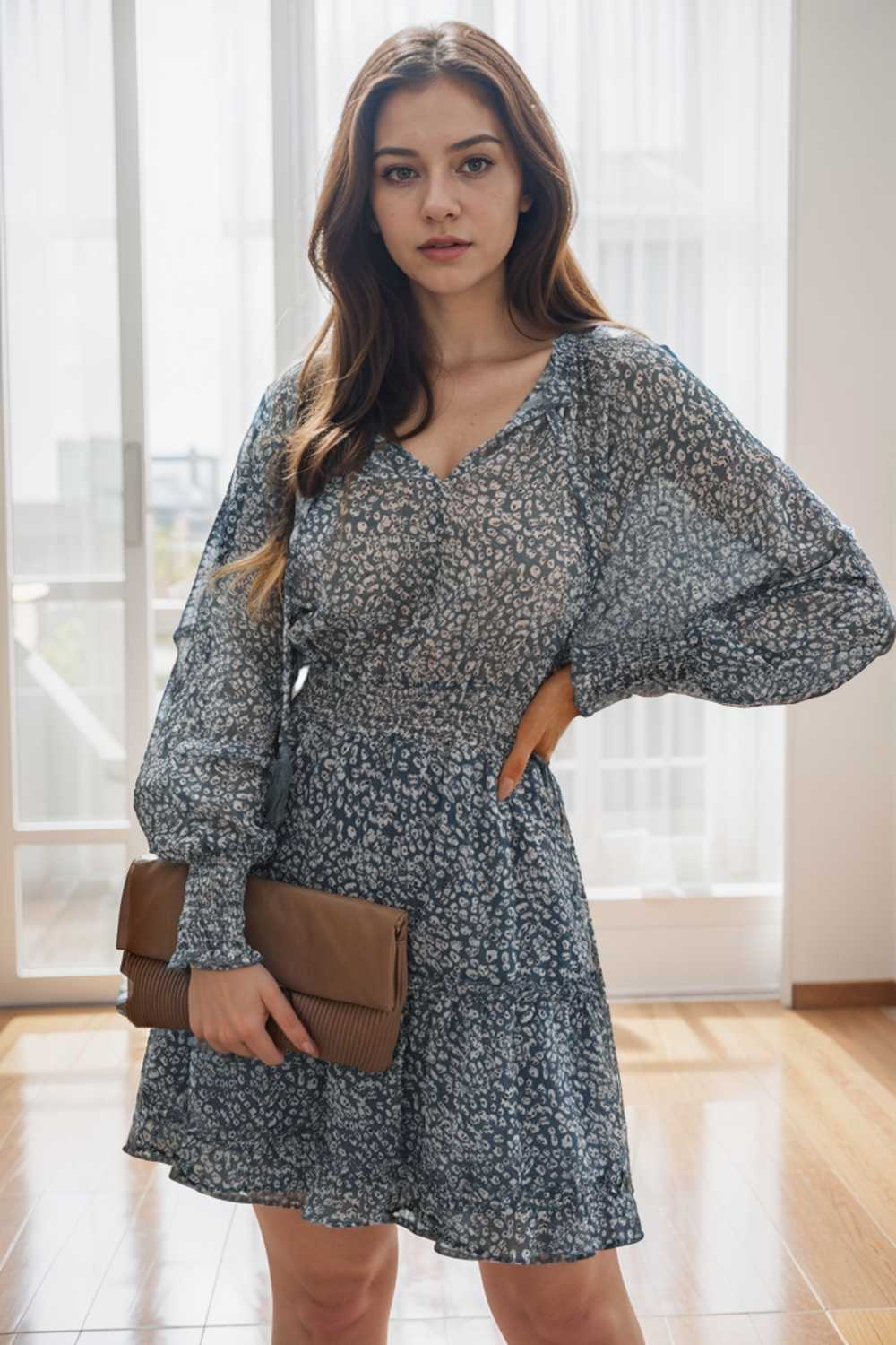 loose leopard print v neck dress drop shoulder a line closed cape paneled 116502