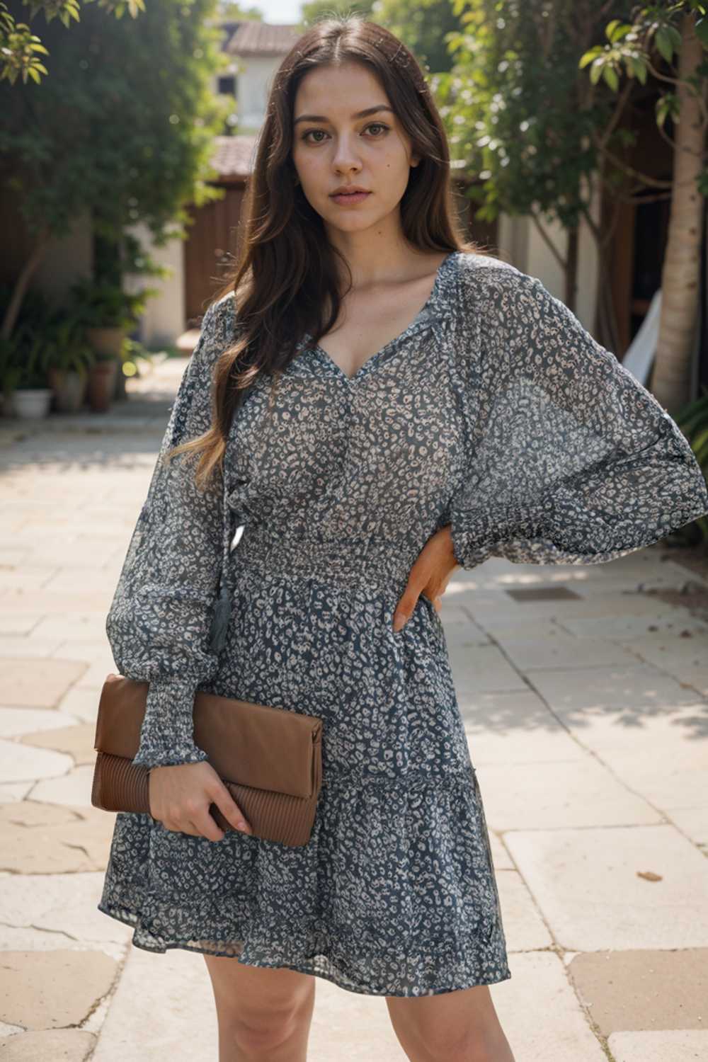 loose leopard print v neck dress drop shoulder a line closed cape paneled 117600