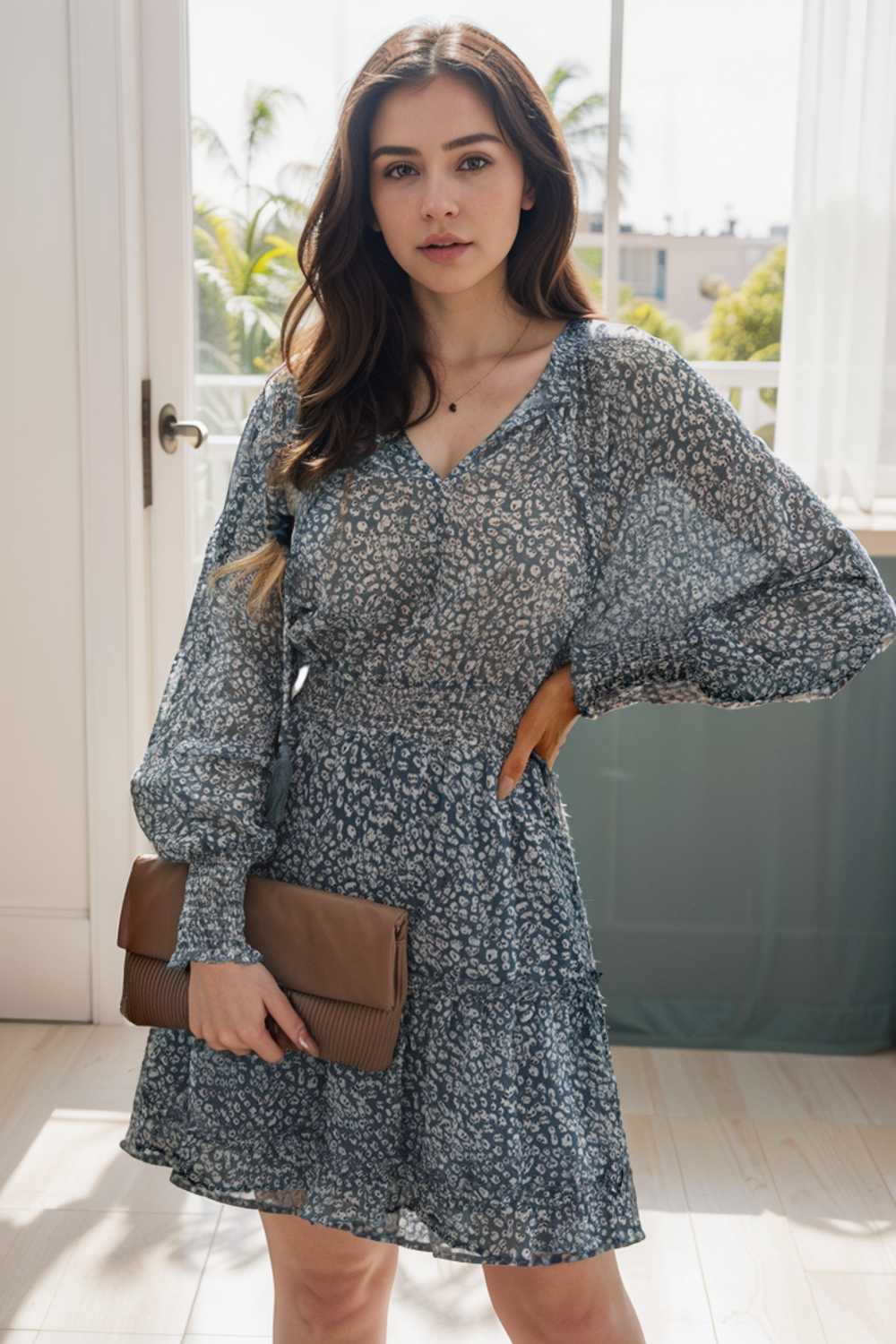 loose leopard print v neck dress drop shoulder a line closed cape paneled 138022