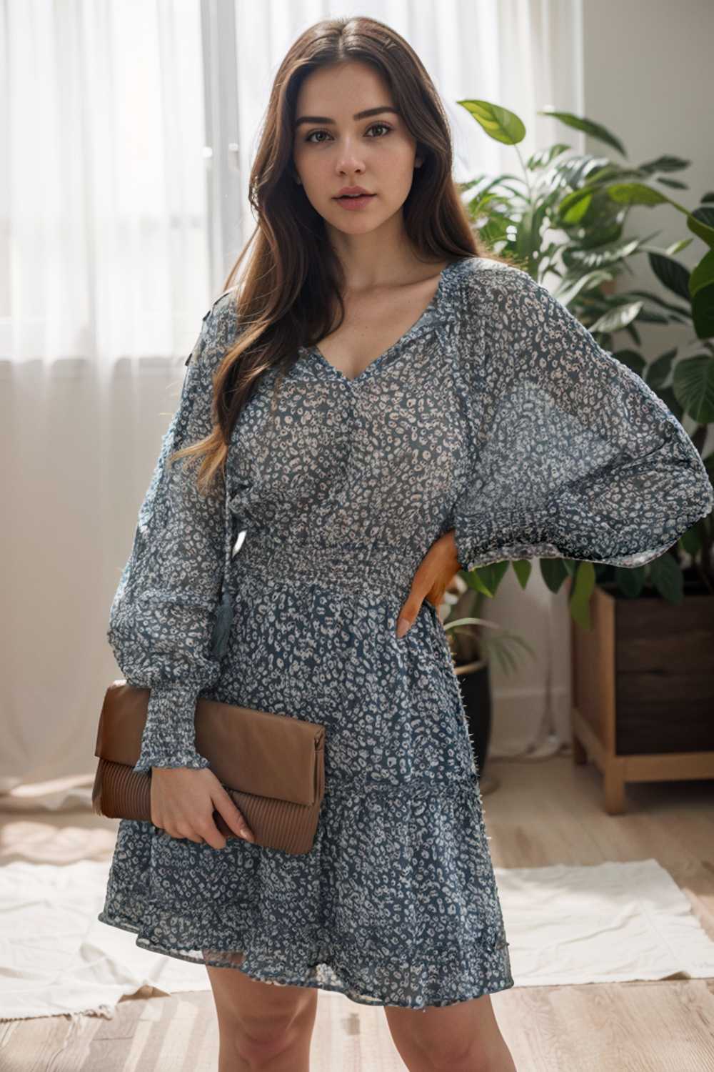 loose leopard print v neck dress drop shoulder a line closed cape paneled 138021
