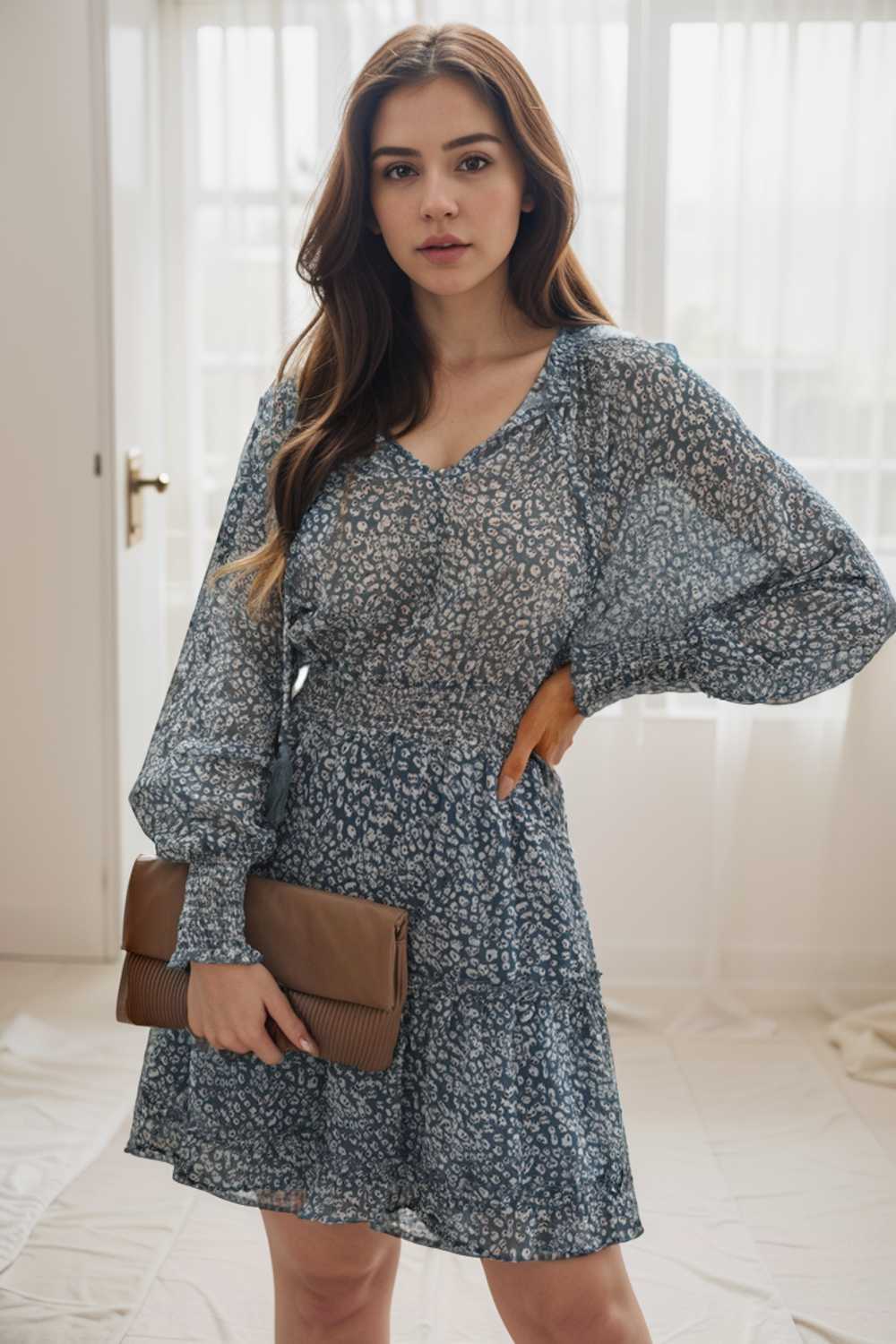 loose leopard print v neck dress drop shoulder a line closed cape paneled 126166