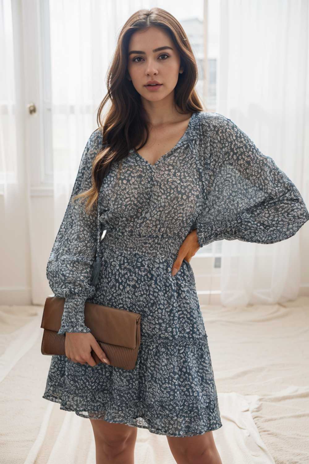 loose leopard print v neck dress drop shoulder a line closed cape paneled 126165