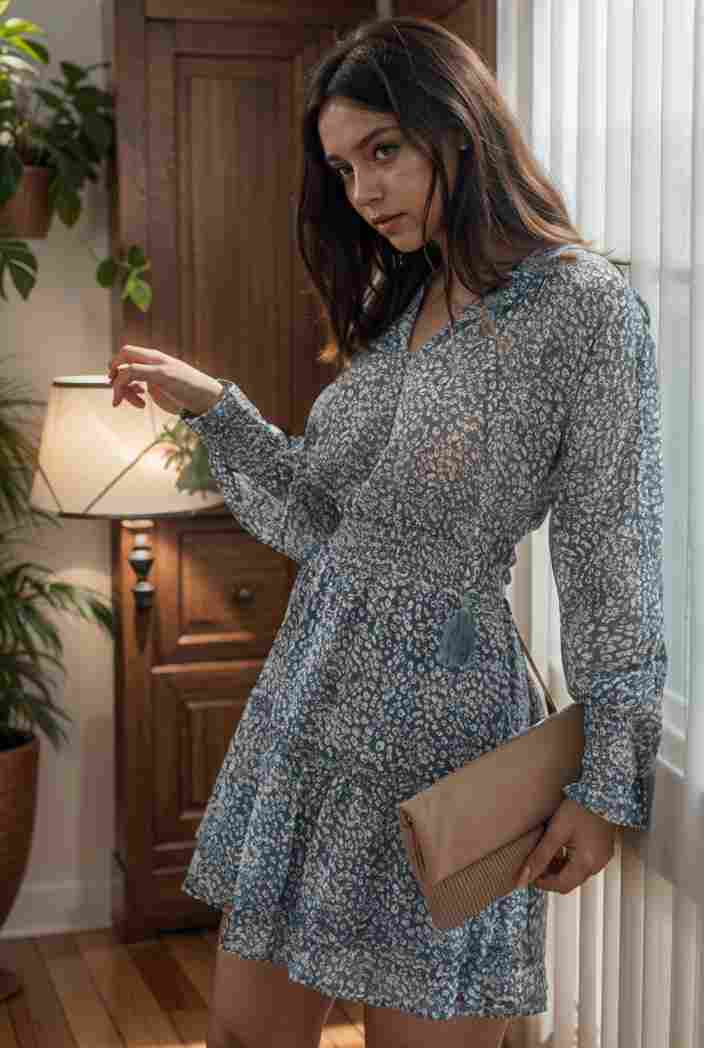 loose leopard print v neck dress drop shoulder a line closed cape paneled 131342
