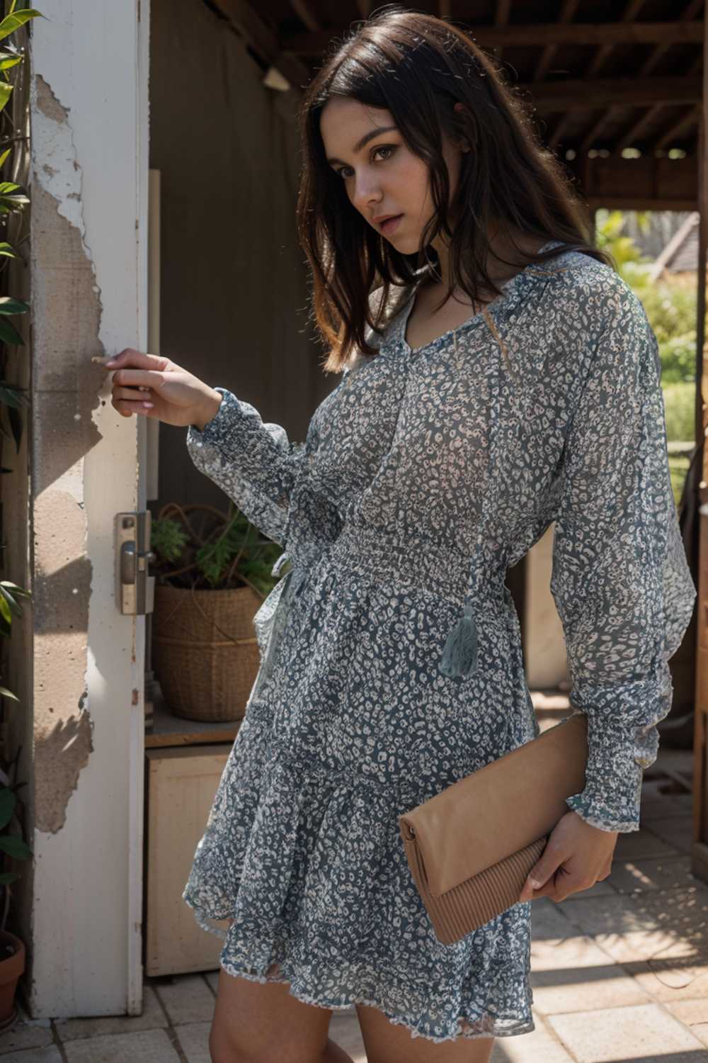 loose leopard print v neck dress drop shoulder a line closed cape paneled 138015