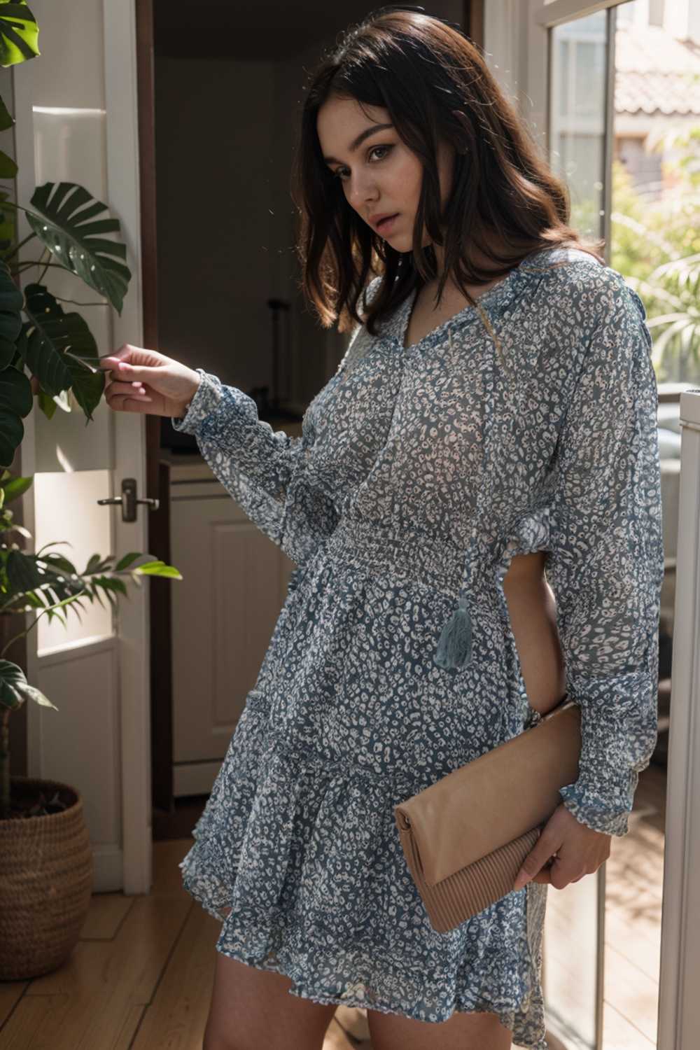 loose leopard print v neck dress drop shoulder a line closed cape paneled 126164