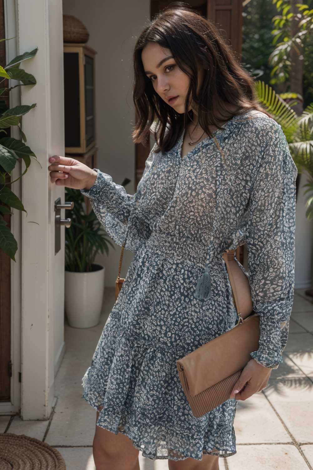 loose leopard print v neck dress drop shoulder a line closed cape paneled 138014