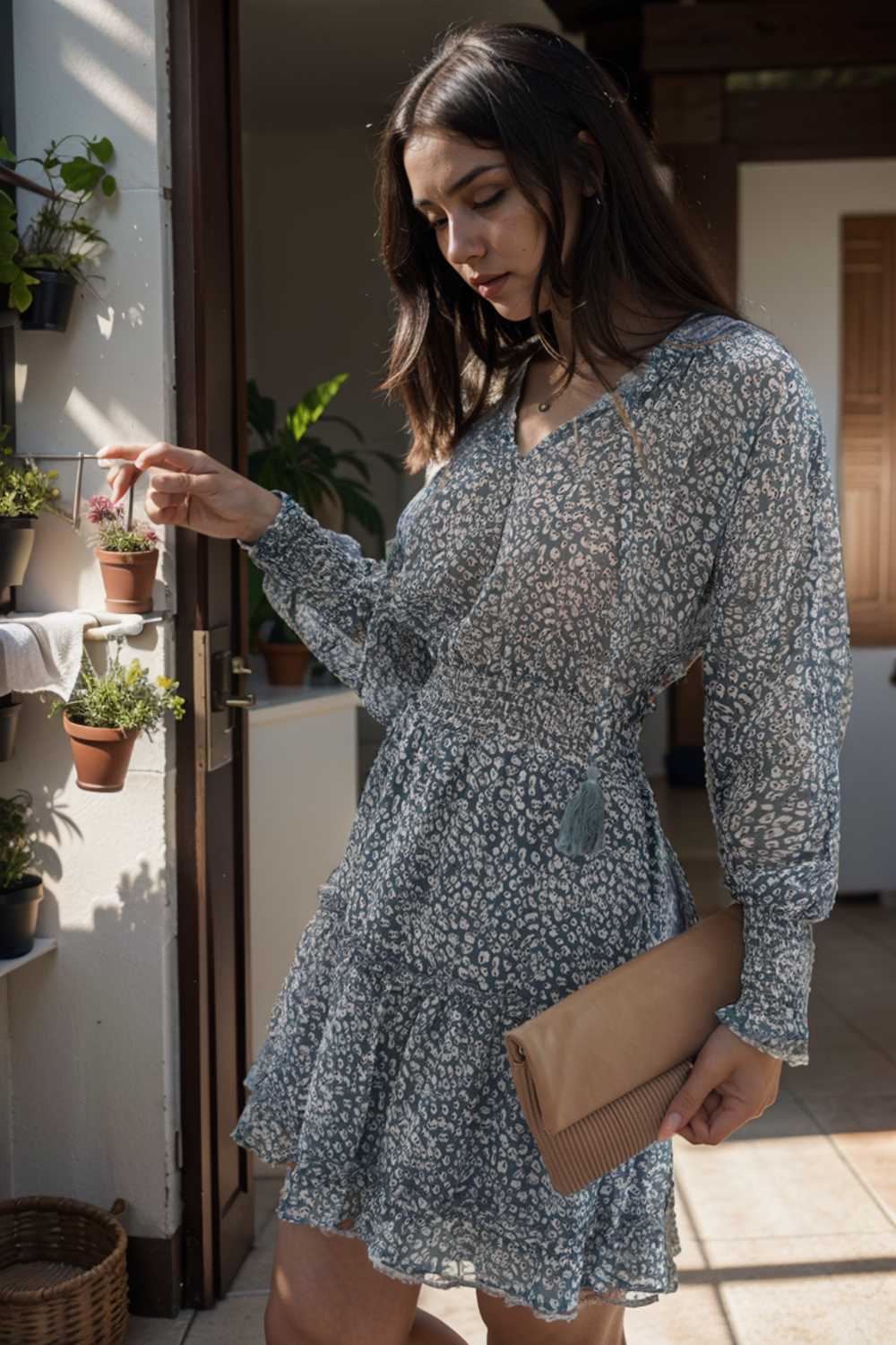 loose leopard print v neck dress drop shoulder a line closed cape paneled 109356