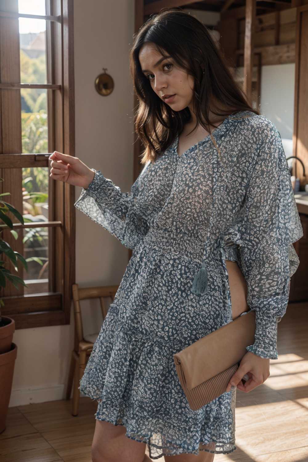loose leopard print v neck dress drop shoulder a line closed cape paneled 116489