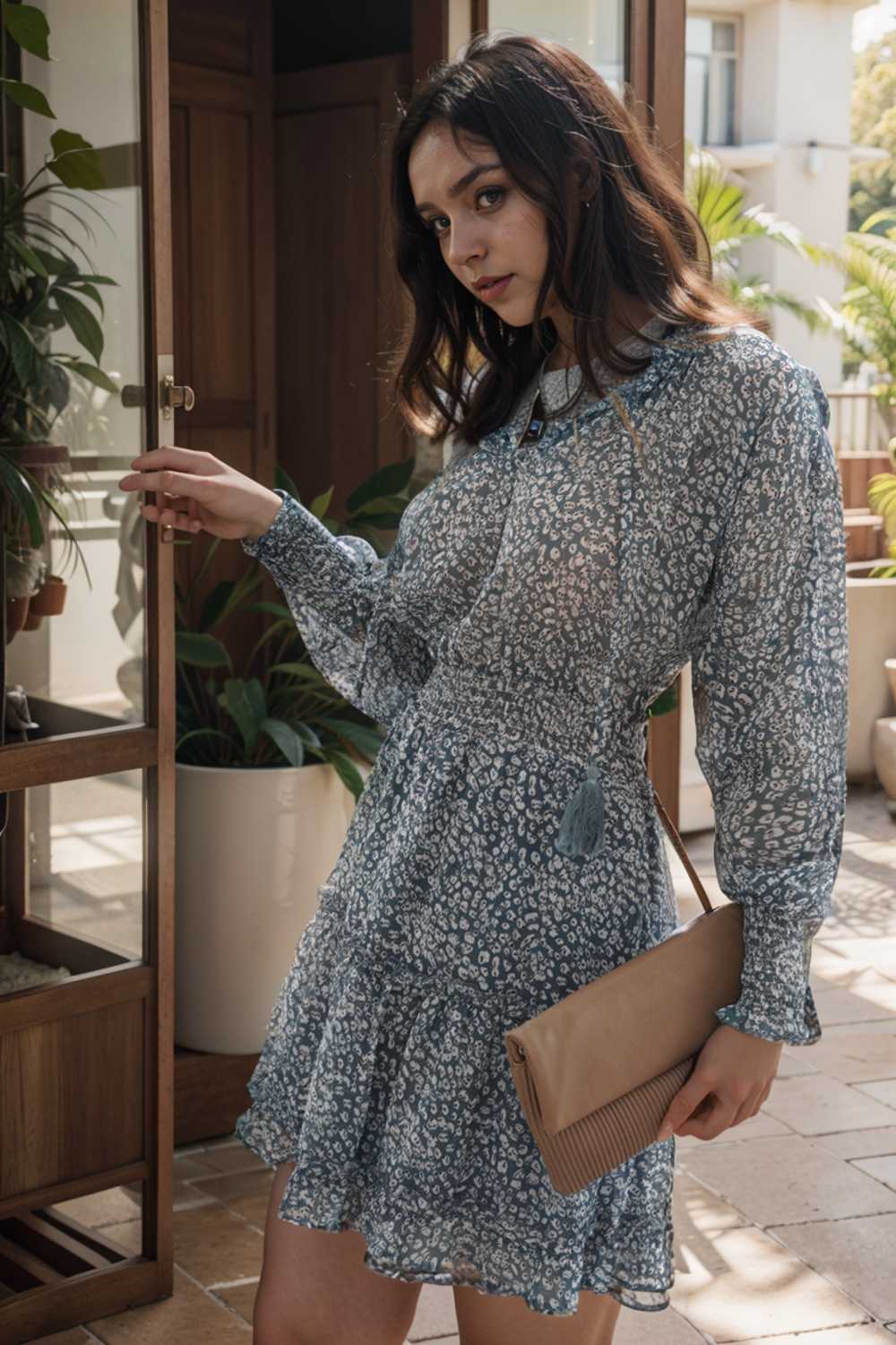 loose leopard print v neck dress drop shoulder a line closed cape paneled 109355