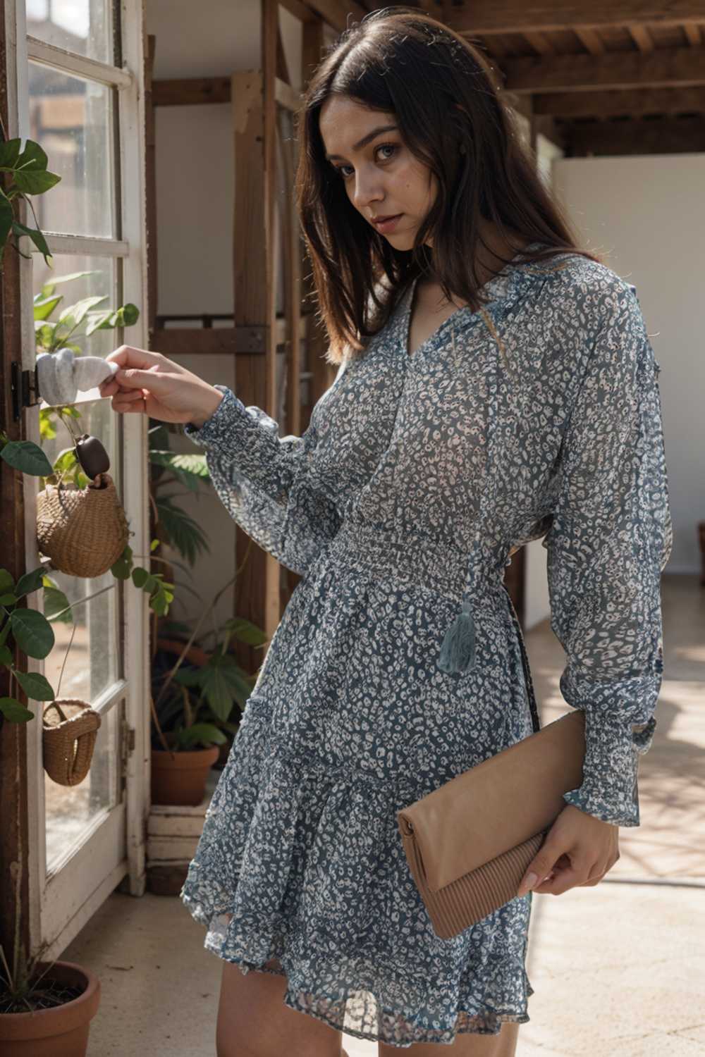 loose leopard print v neck dress drop shoulder a line closed cape paneled 130266