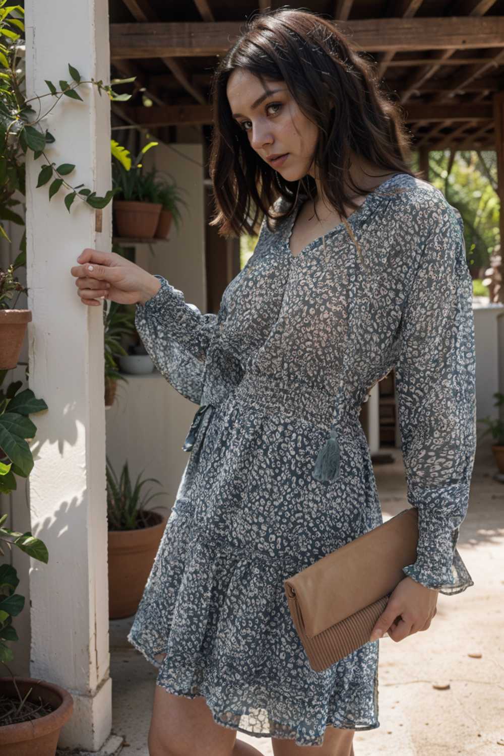 loose leopard print v neck dress drop shoulder a line closed cape paneled 116487