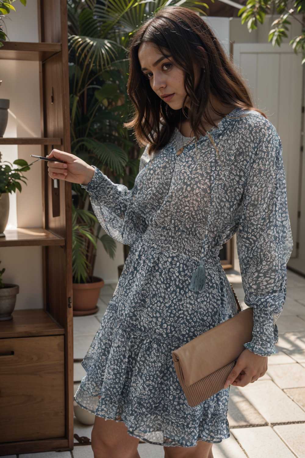loose leopard print v neck dress drop shoulder a line closed cape paneled 109354