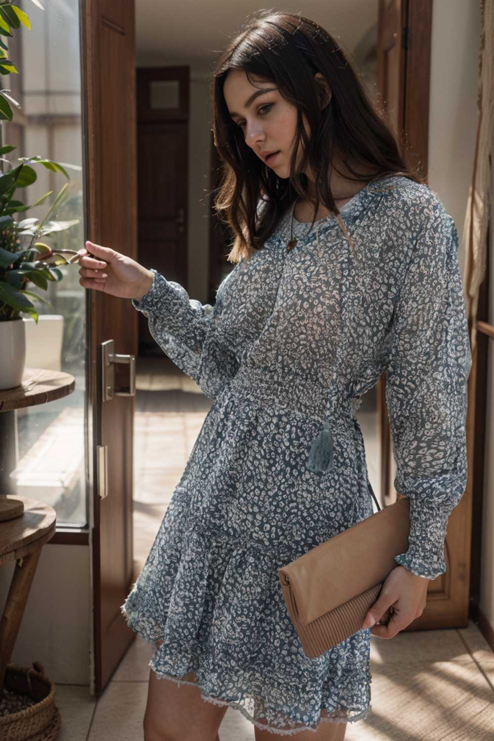 loose leopard print v neck dress drop shoulder a line closed cape paneled 105793