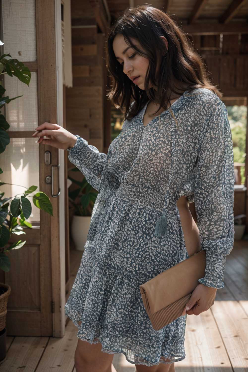 loose leopard print v neck dress drop shoulder a line closed cape paneled 125668