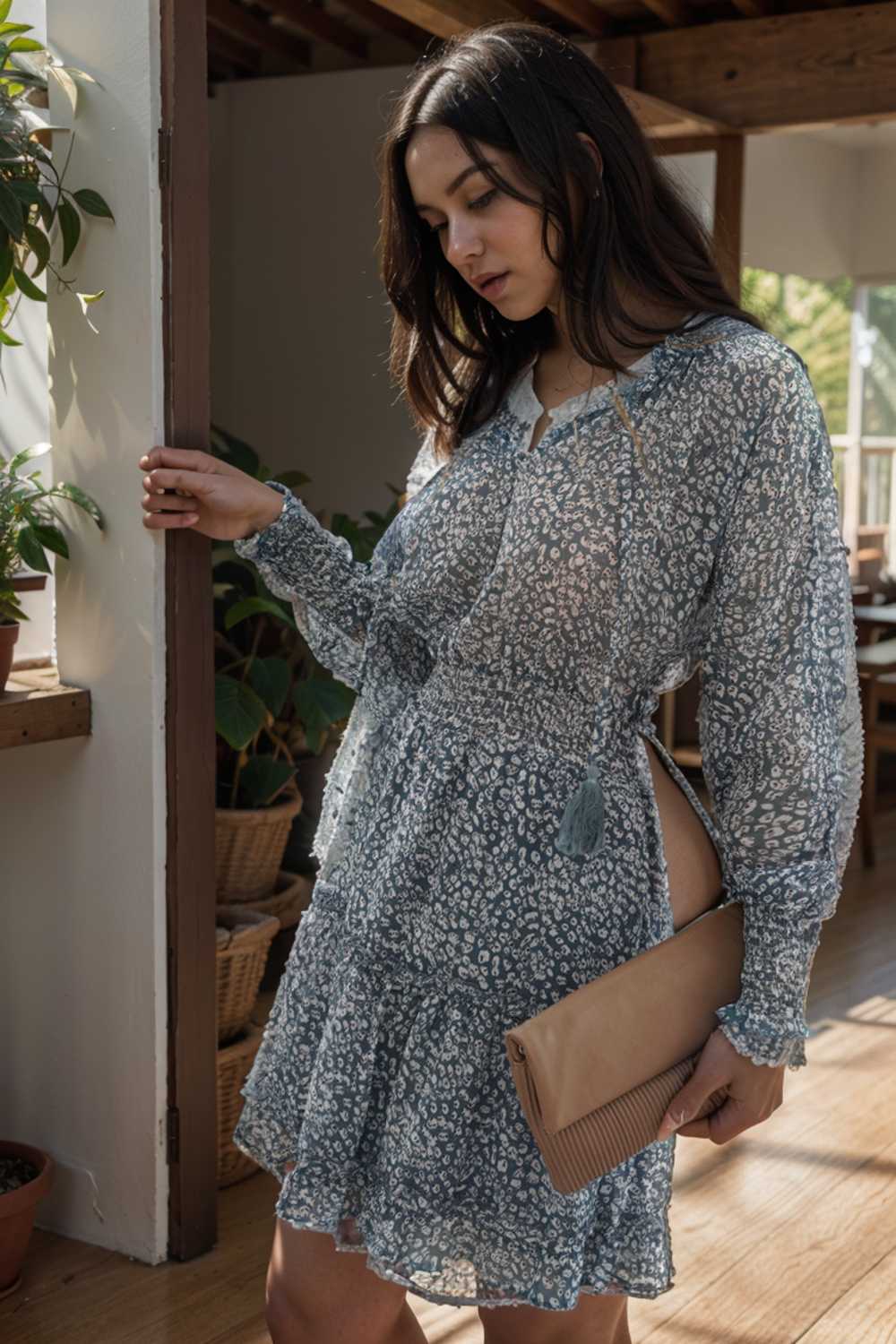 loose leopard print v neck dress drop shoulder a line closed cape paneled 138010