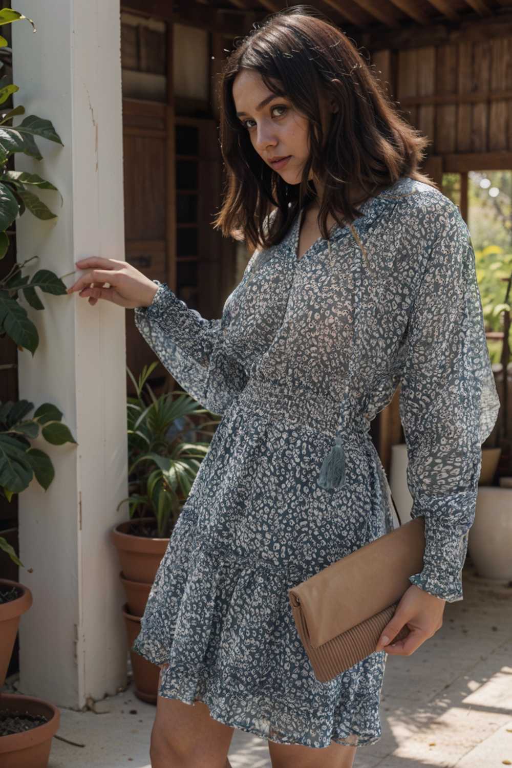 loose leopard print v neck dress drop shoulder a line closed cape paneled 116485