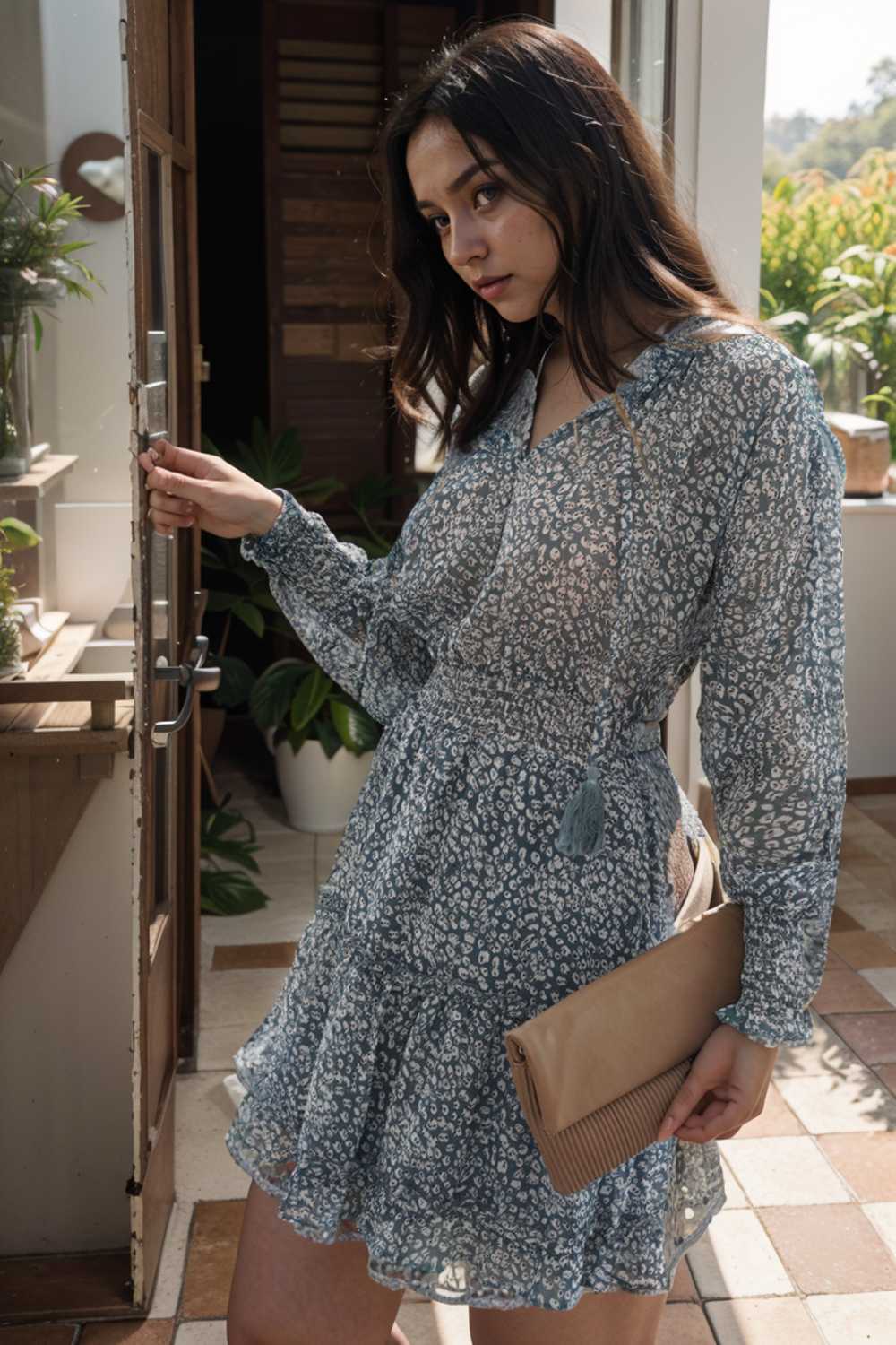 loose leopard print v neck dress drop shoulder a line closed cape paneled 109351
