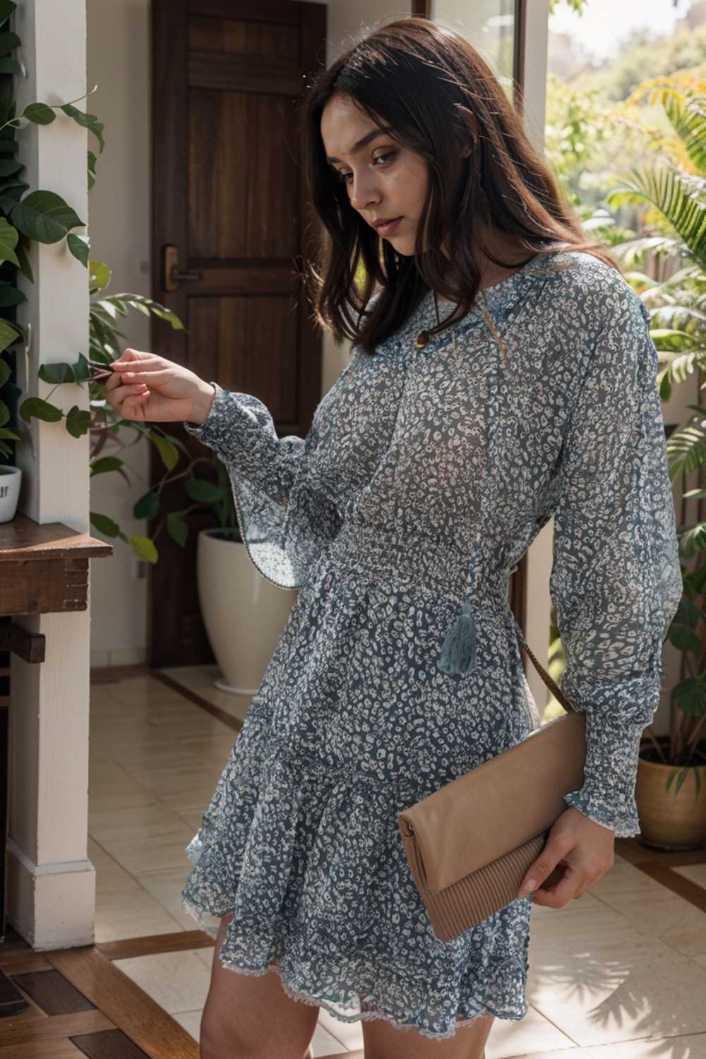 loose leopard print v neck dress drop shoulder a line closed cape paneled 116482
