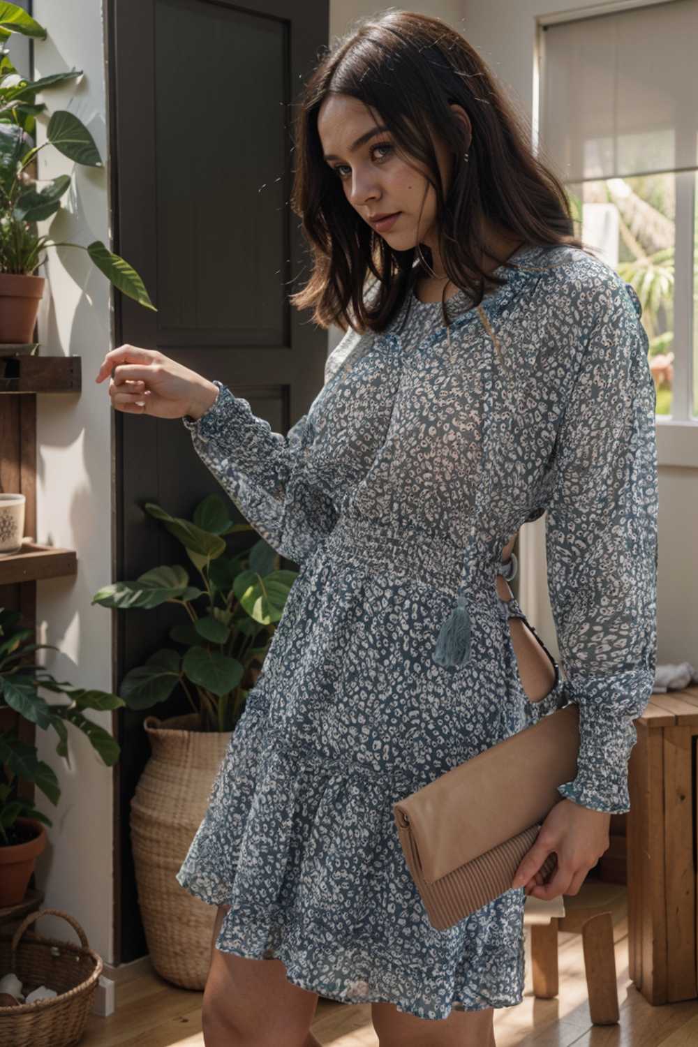 loose leopard print v neck dress drop shoulder a line closed cape paneled 116480