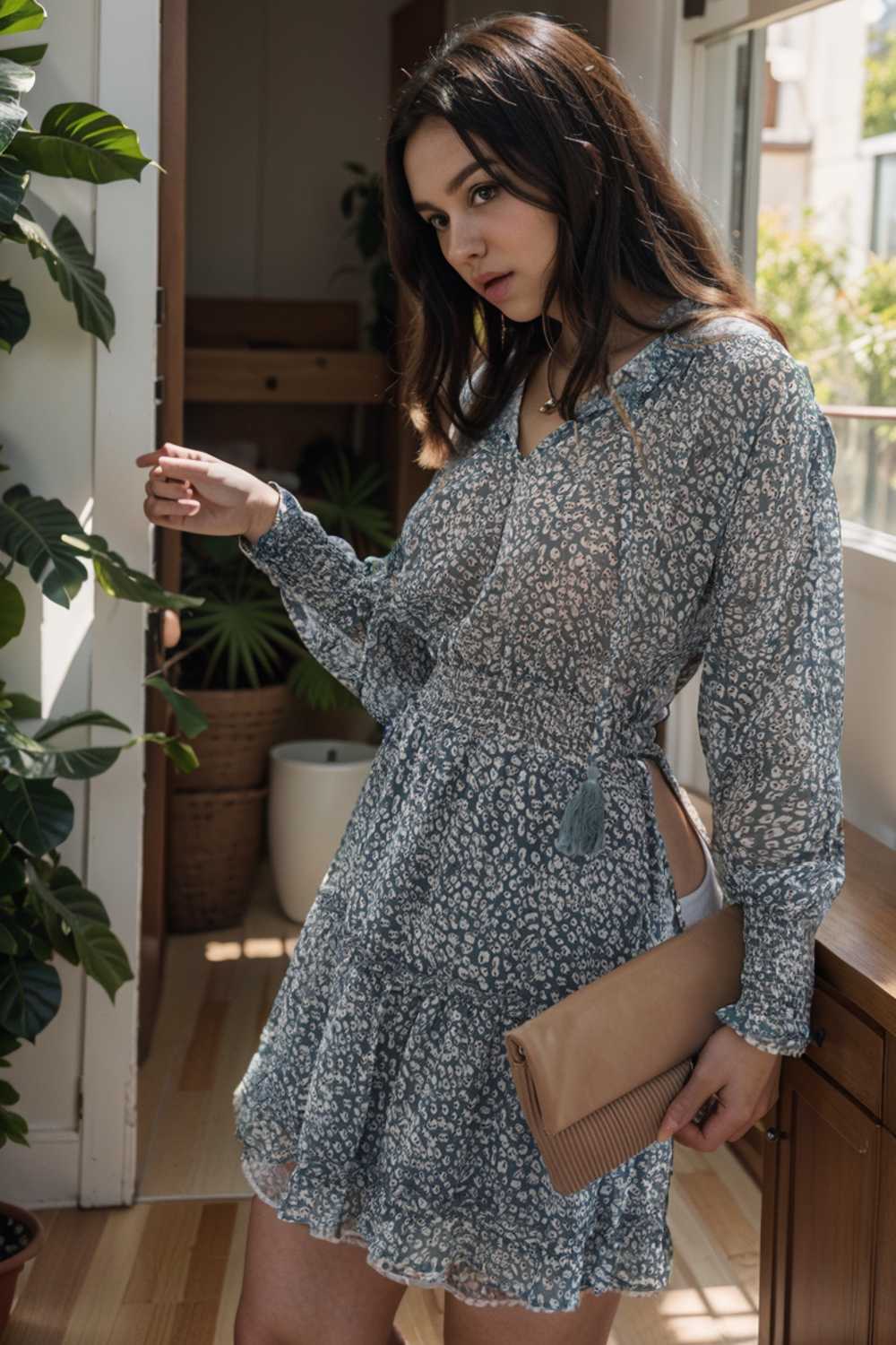 loose leopard print v neck dress drop shoulder a line closed cape paneled 125663