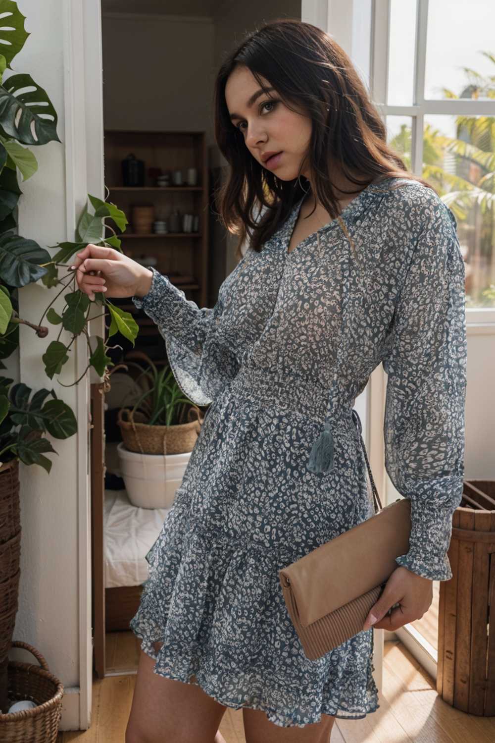 loose leopard print v neck dress drop shoulder a line closed cape paneled 124304