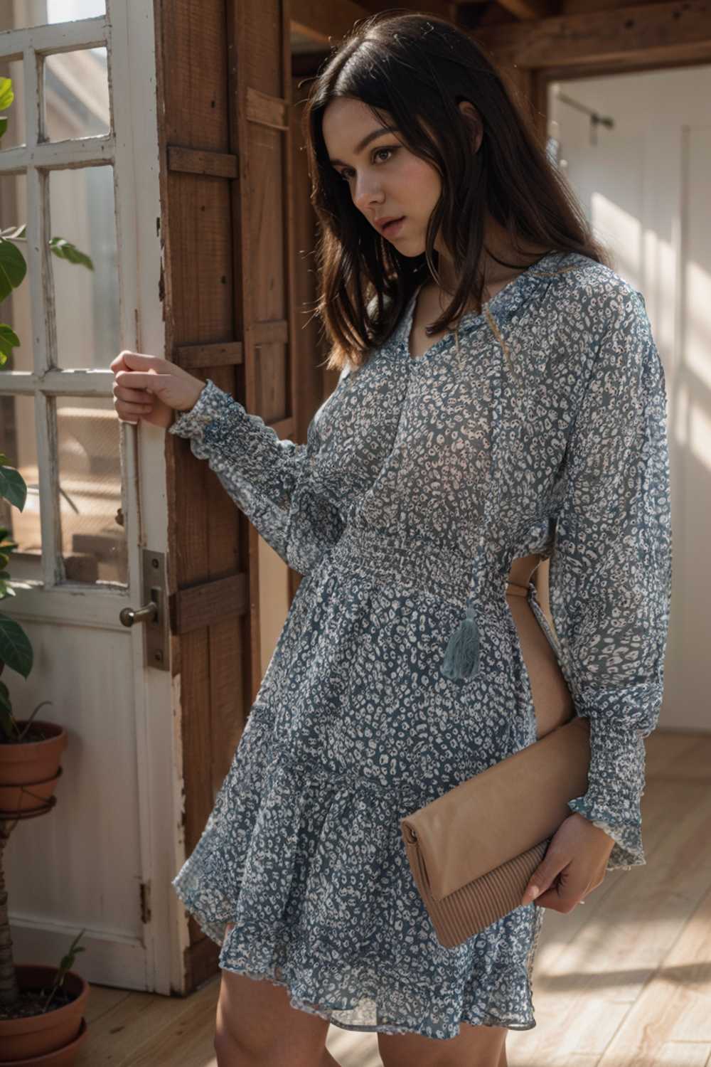 loose leopard print v neck dress drop shoulder a line closed cape paneled 138004
