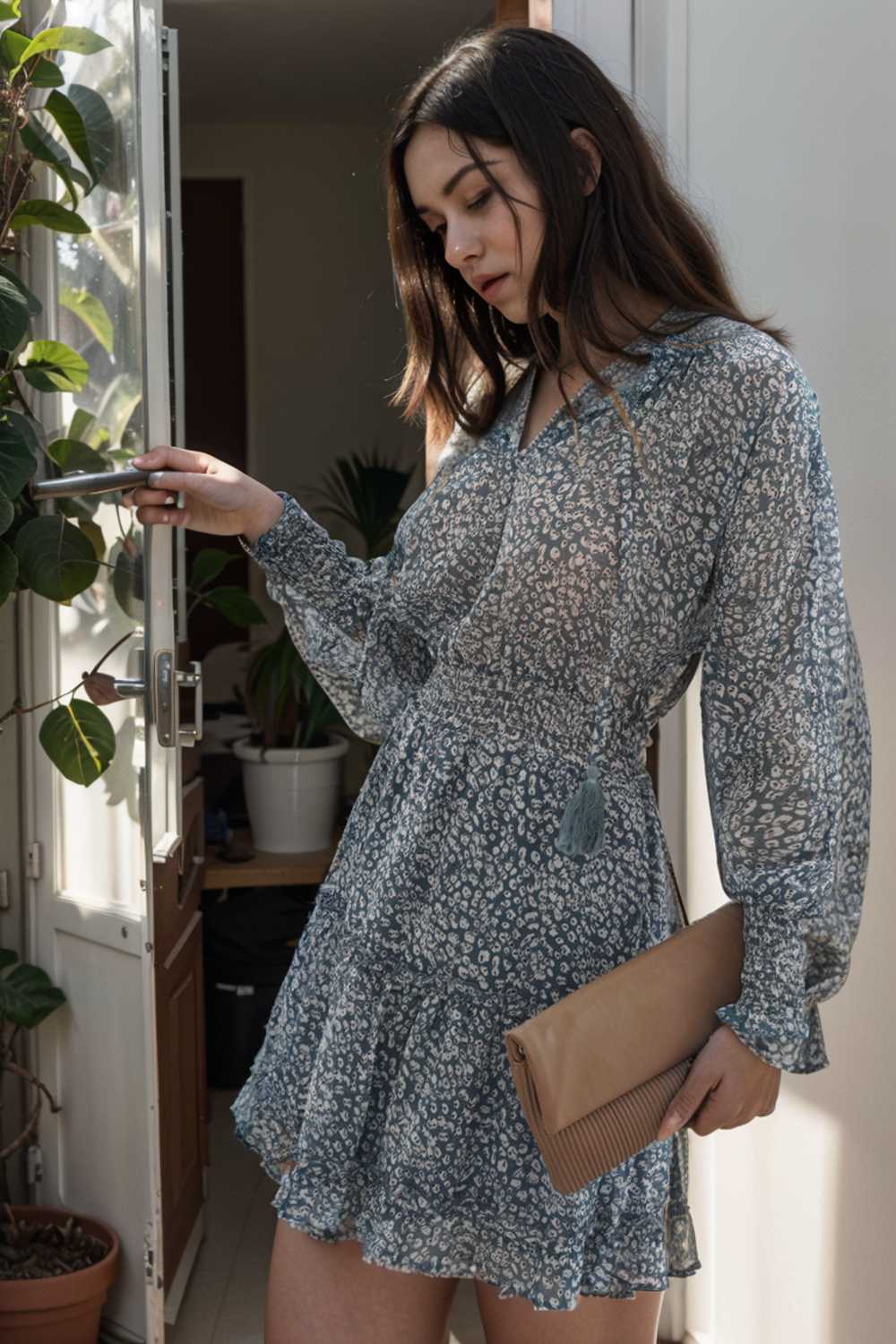 loose leopard print v neck dress drop shoulder a line closed cape paneled 125661