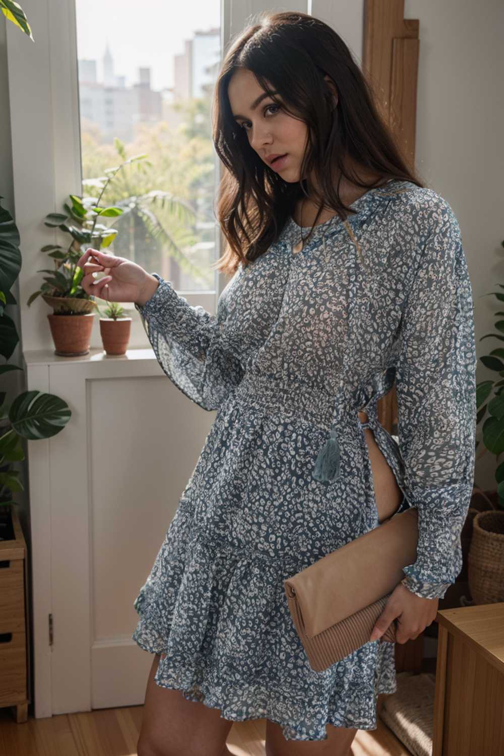 loose leopard print v neck dress drop shoulder a line closed cape paneled 105784
