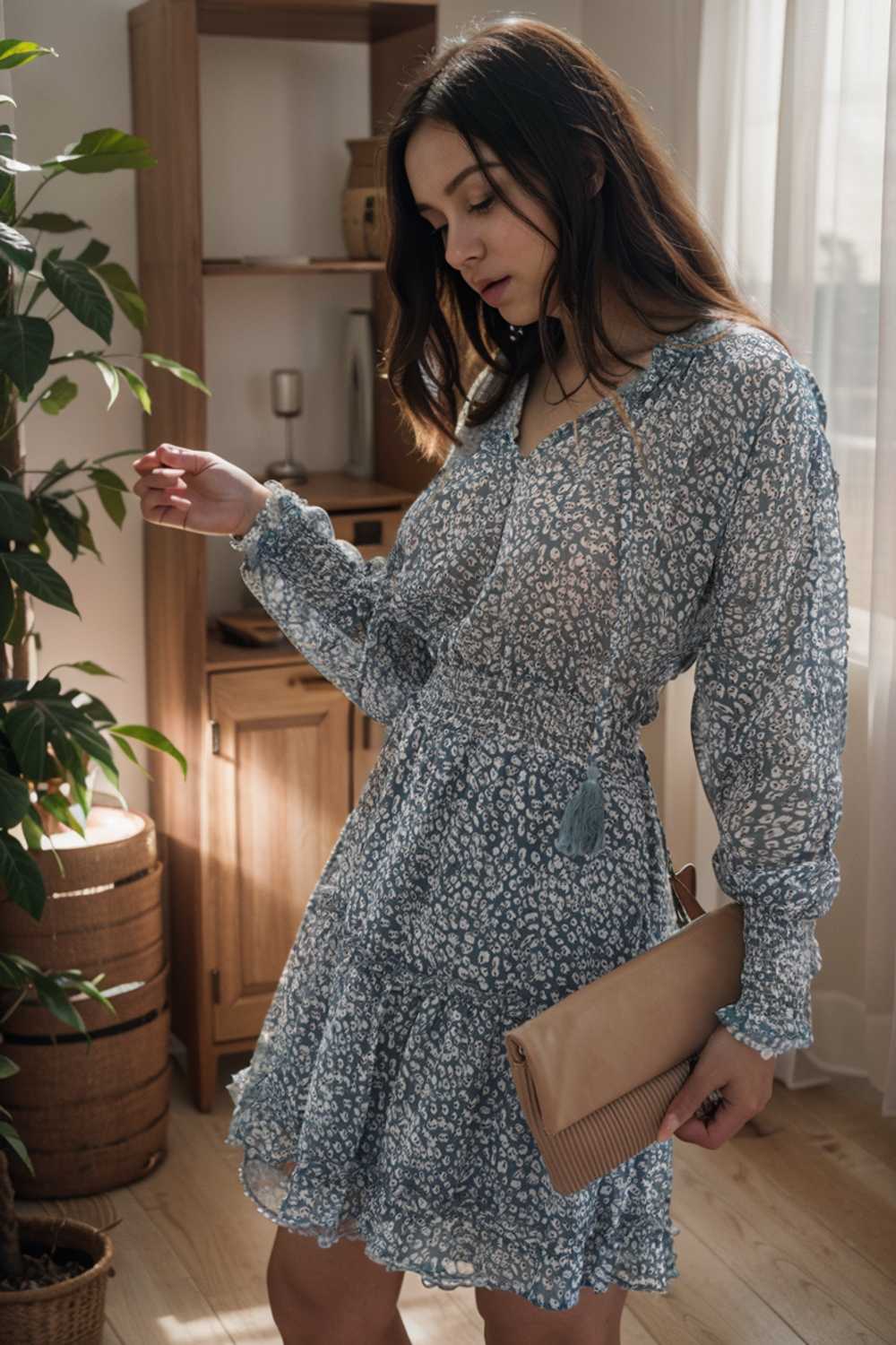 loose leopard print v neck dress drop shoulder a line closed cape paneled 125658