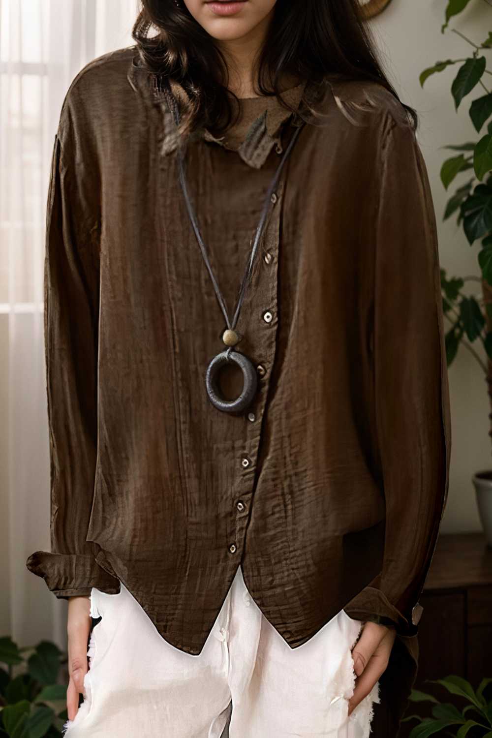 loose solid buttons long sleeves blouses 109029