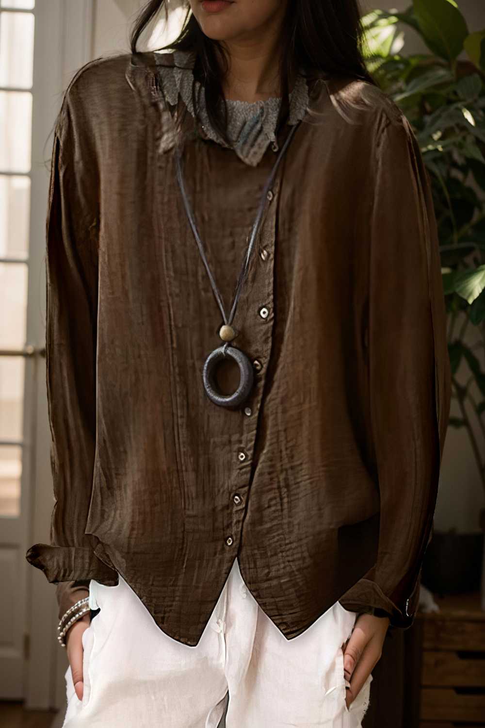 loose solid buttons long sleeves blouses 112001
