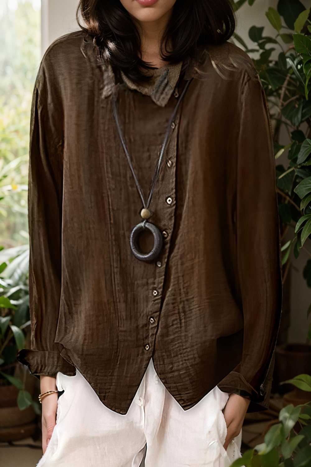 loose solid buttons long sleeves blouses 110825