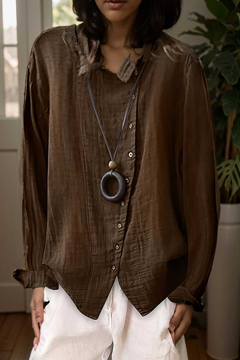 loose solid buttons long sleeves blouses 107347