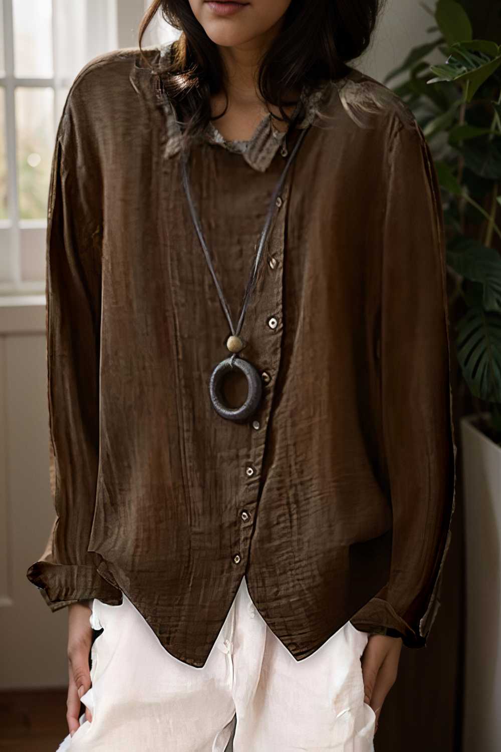 loose solid buttons long sleeves blouses 110824