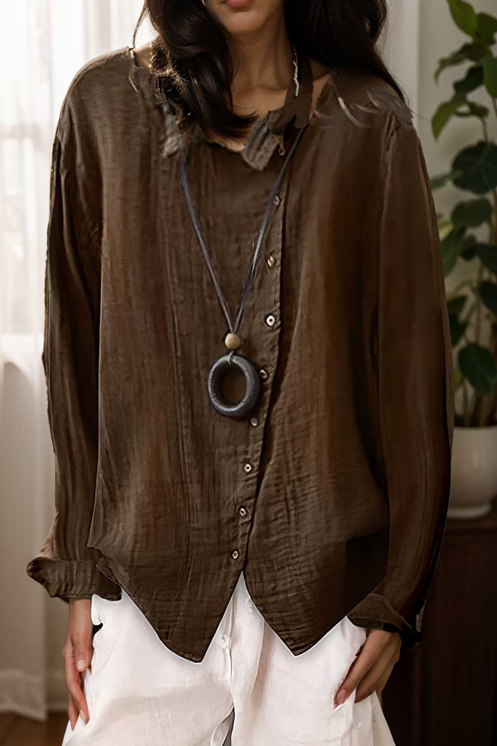 loose solid buttons long sleeves blouses 112000