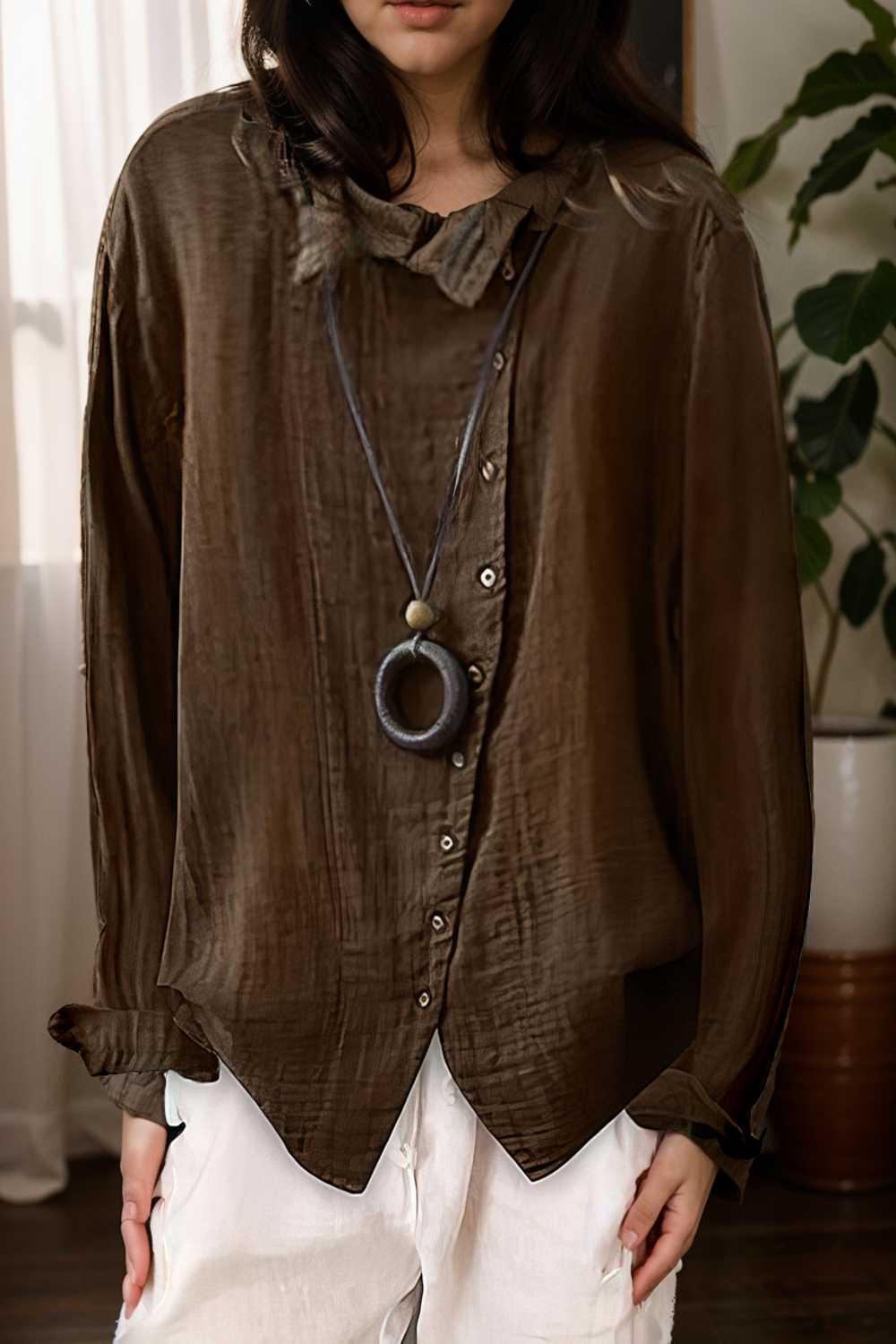 loose solid buttons long sleeves blouses 111999