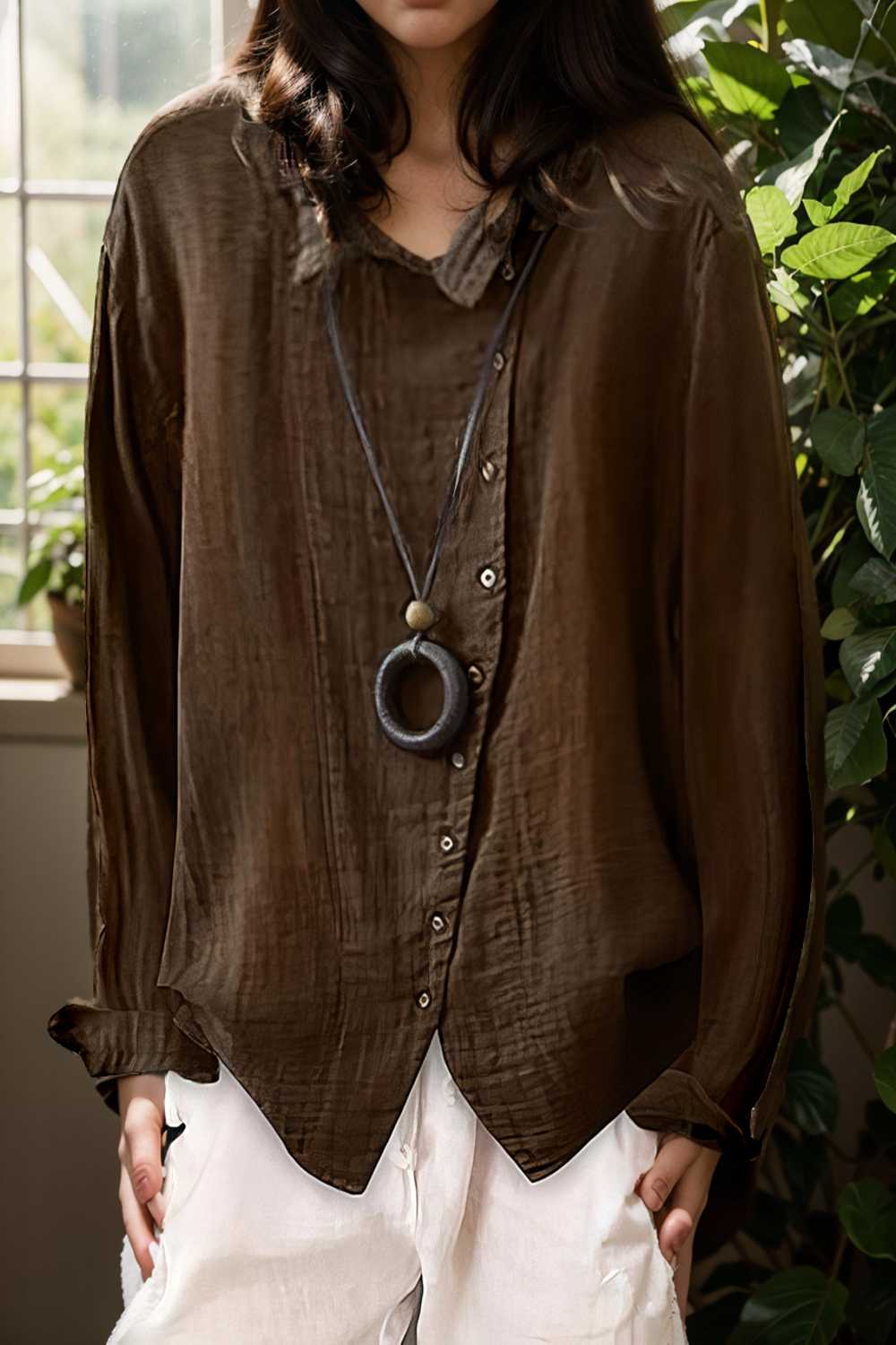 loose solid buttons long sleeves blouses 110823