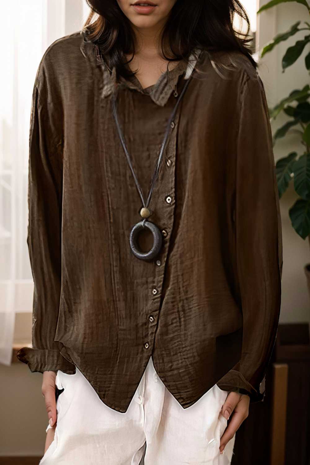 loose solid buttons long sleeves blouses 111998