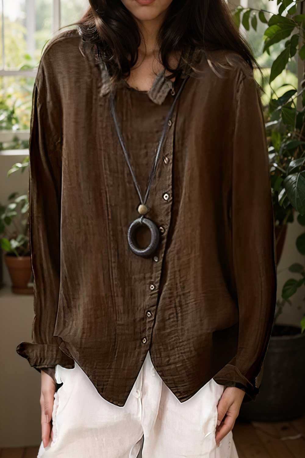 loose solid buttons long sleeves blouses 111997